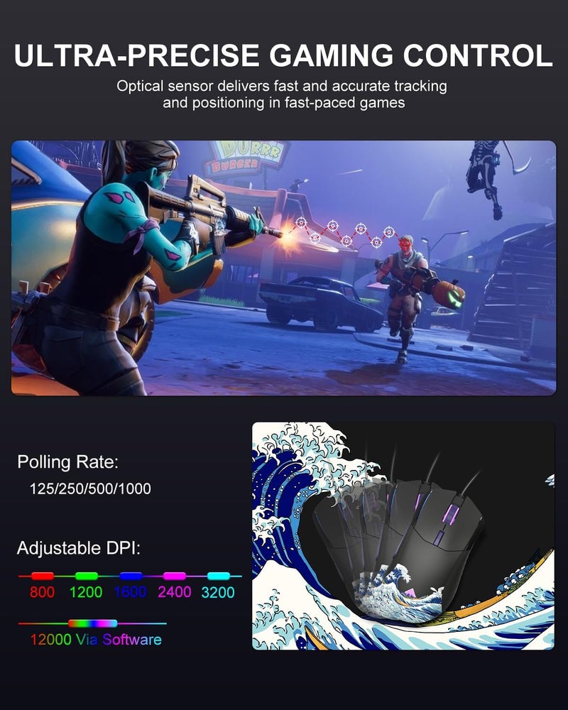 COSTOM Womier G705 USB Wired Gaming Mouse for PC Computer Windows Mac Laptop, Lightweight Silent RGB Backlit Mouse with Adjustable 12000DPI/7 Programmable Side Buttons,Black Kanagawa Theme - Image 2